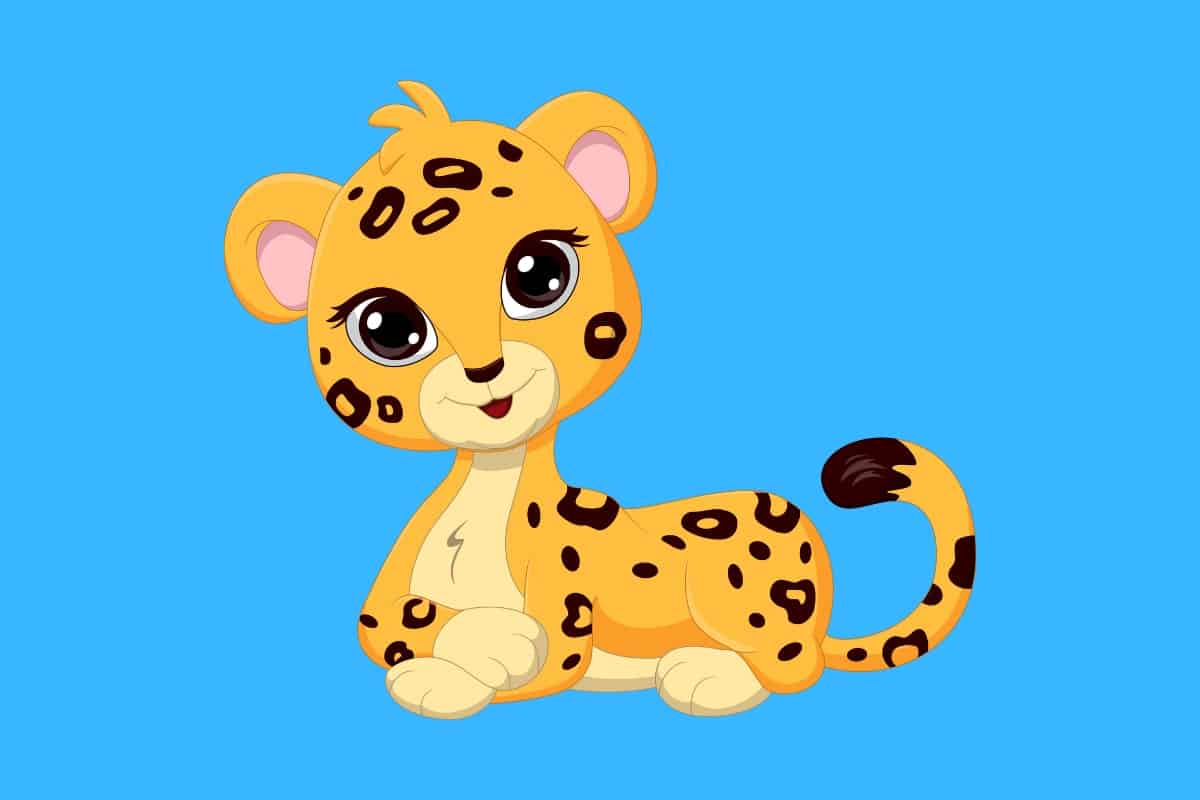 Cartoon graphic of a cute female young leopard on a blue background.