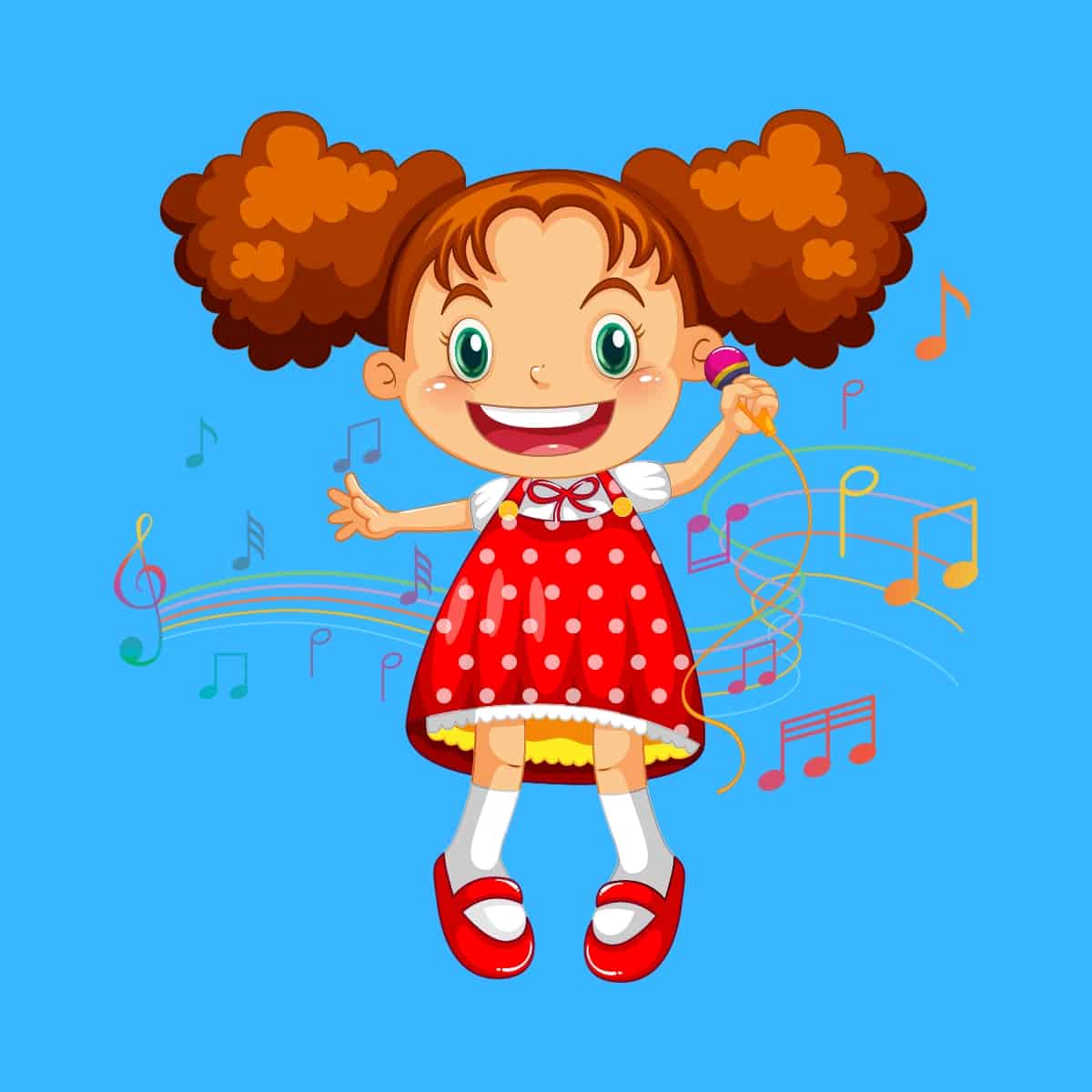 Cartoon graphic of a girl singing into a microphone with musical notes around her on a blue background.