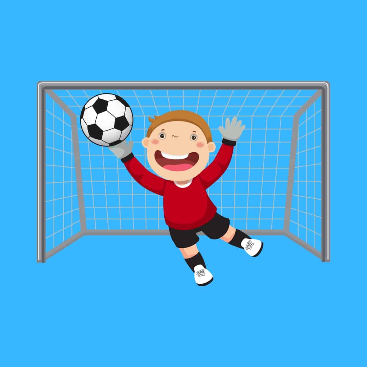 Cartoon graphic of a soccer goalkeeper saving a ball in front of goal on blue background.