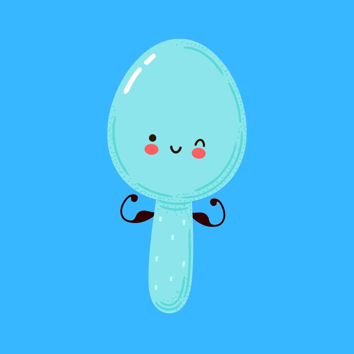 Cartoon graphic of a blue spoon winking and flexing its muscles arms on a blue background.