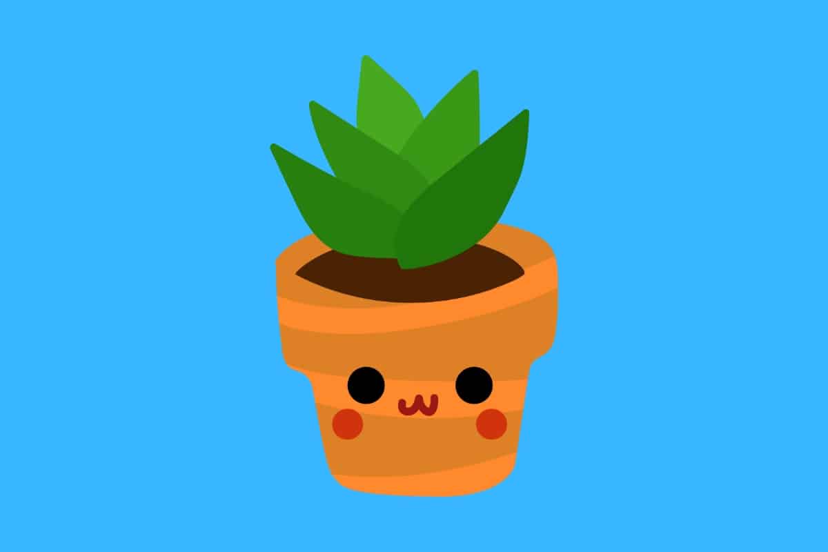 Cartoon graphic of a succulent in a smiling pot on a blue background.