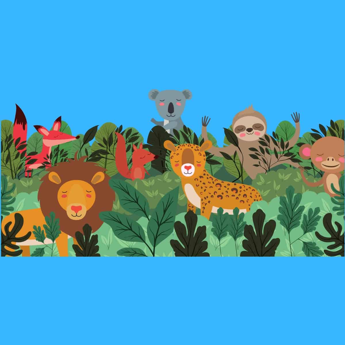 Cartoon graphic of jungle animals walking between plants and grass on a blue background.