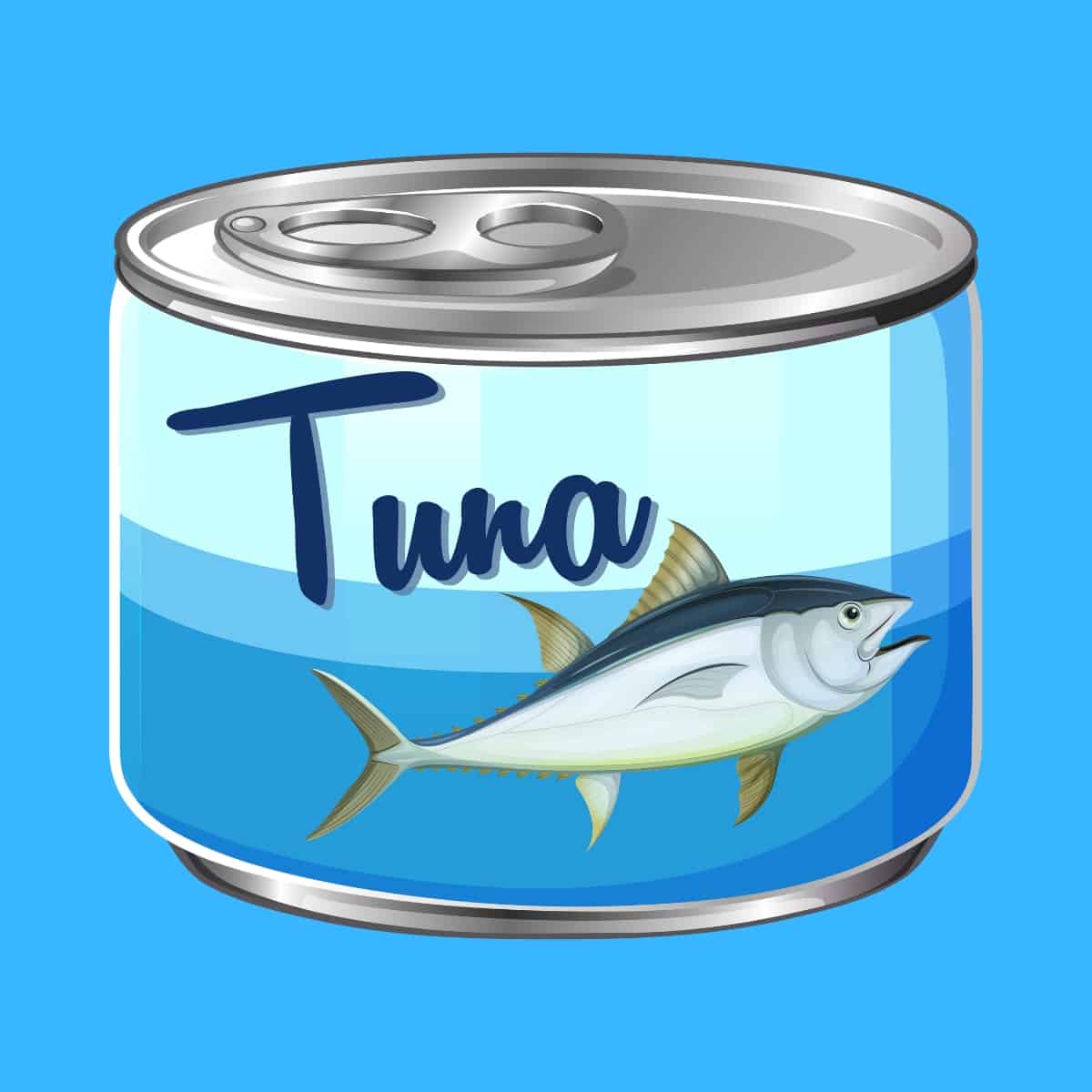 Cartoon graphic of a can of tuna on blue background.