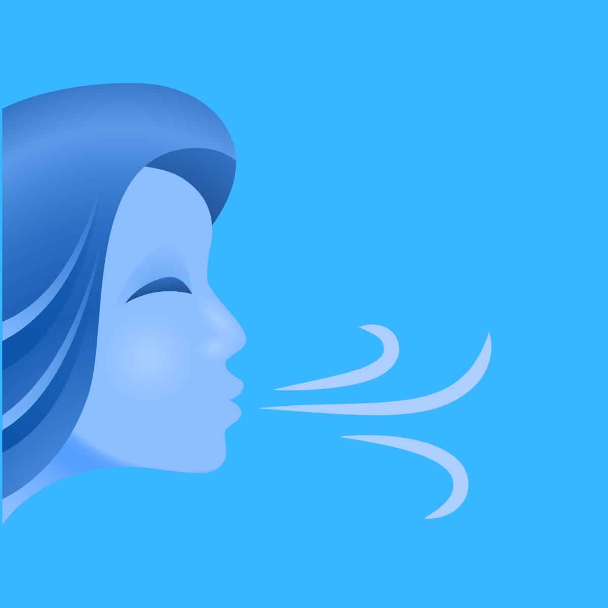 Cartoon graphic of a blue woman blowing as if she is the wind on blue background.
