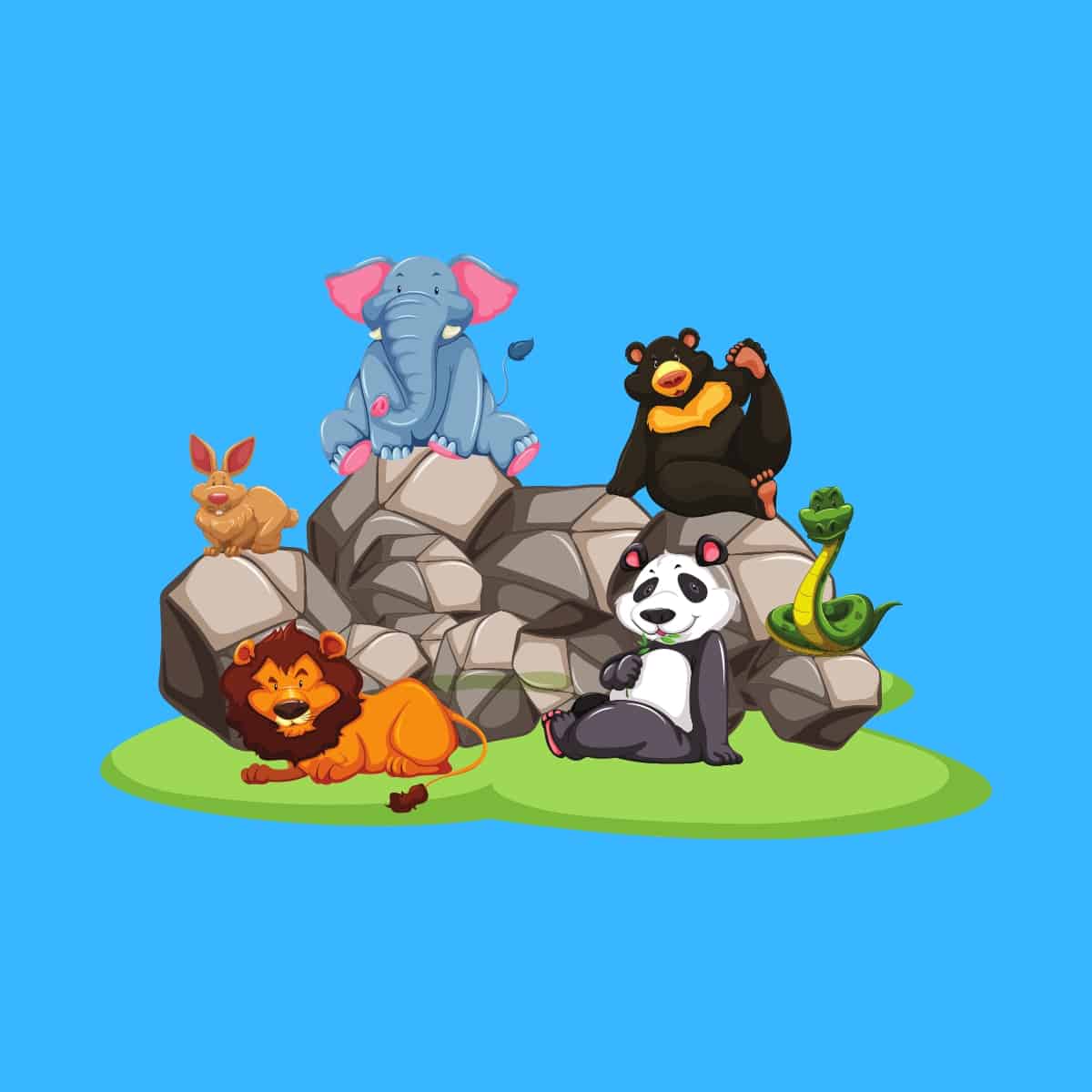 Cartoon graphic of jungle animals sitting on a rock on a blue background.