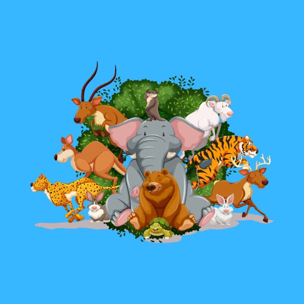 Cartoon graphic of lots of jungle animals about to run in all directions from the centre on a blue background.