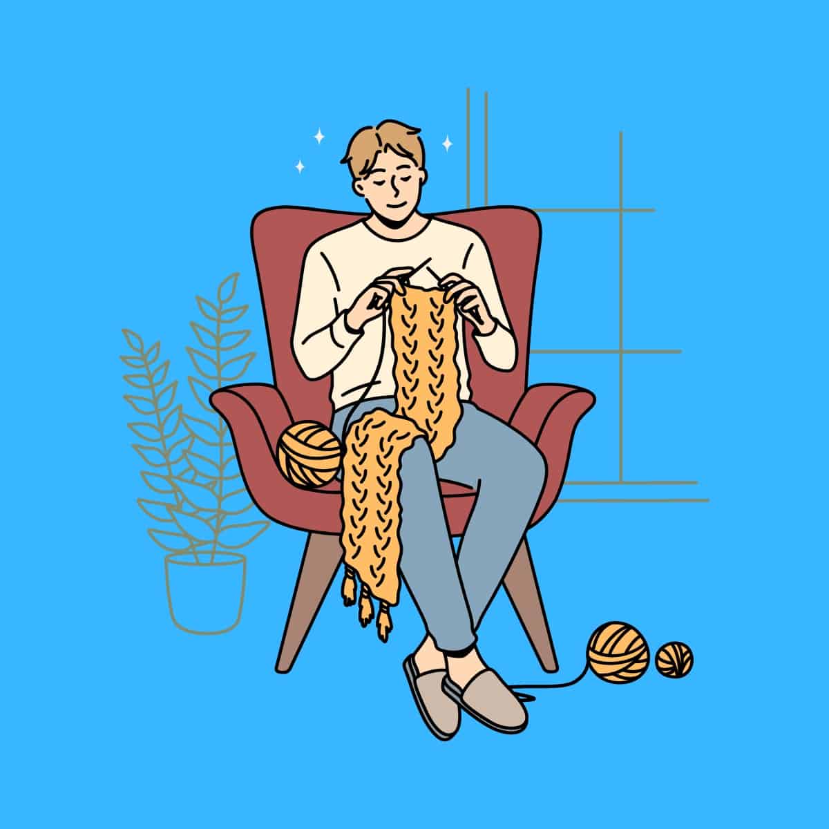 Cartoon graphic of a man in a seat knitting on blue background.
