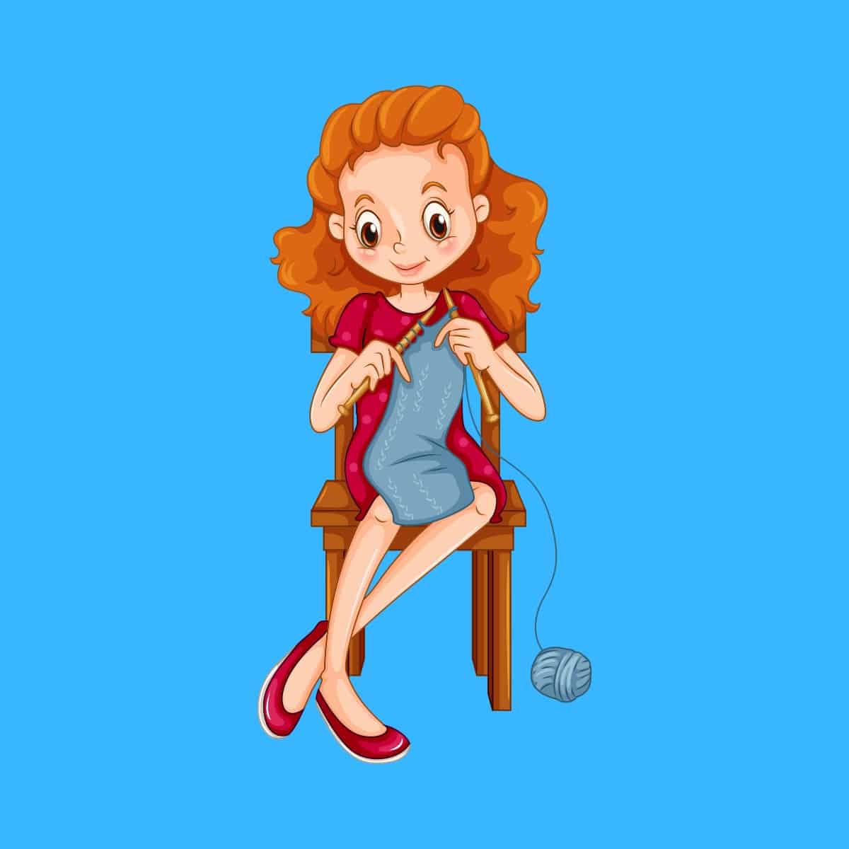 Cartoon graphic of a woman in a seat knitting on blue background.