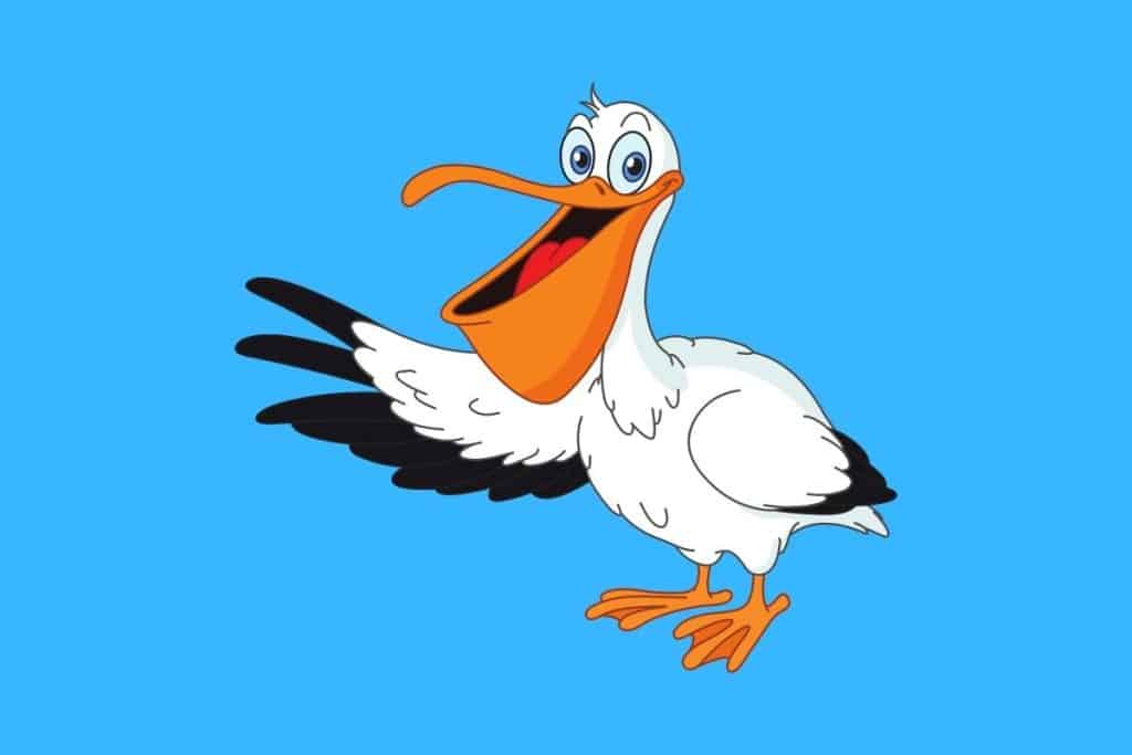 Cartoon graphic of a pelican waving and smiling on a blue background.