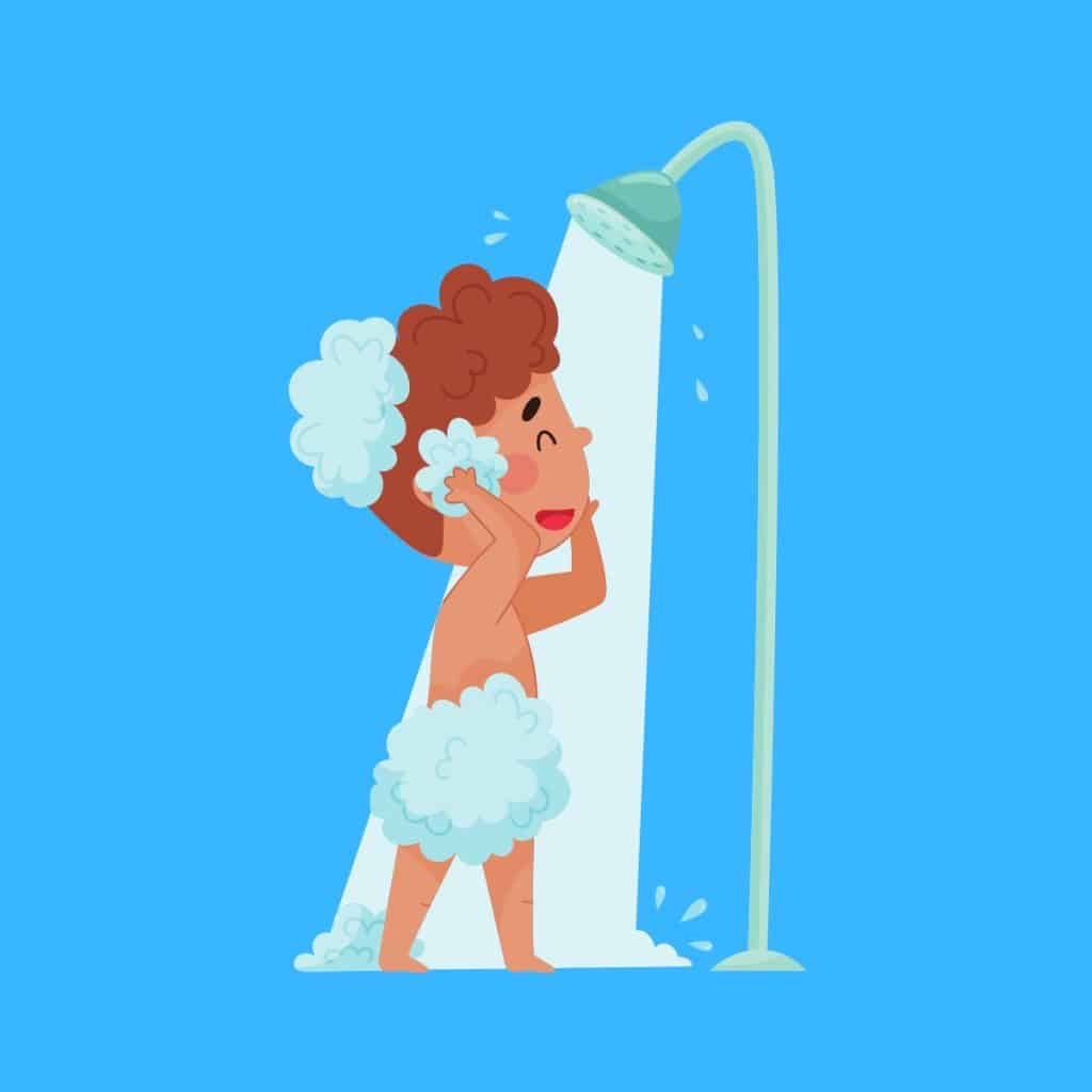 Cartoon graphic of a boy having a shower with lots of soap on a blue background.