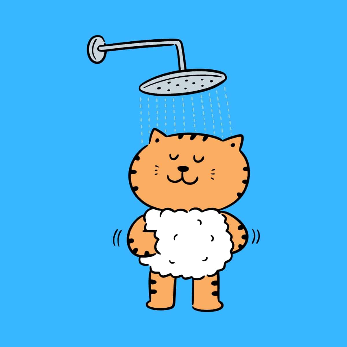 Cartoon graphic of a cat having a shower with soap on a blue background.