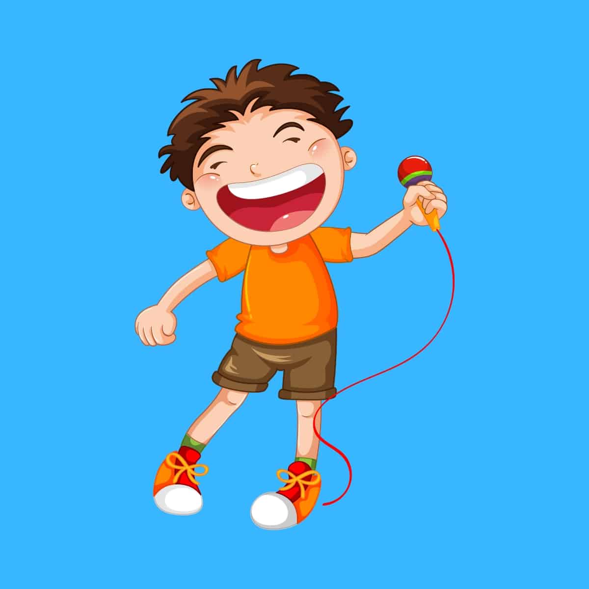 Cartoon graphic of a young boy singing while holding a microphone on a blue background.