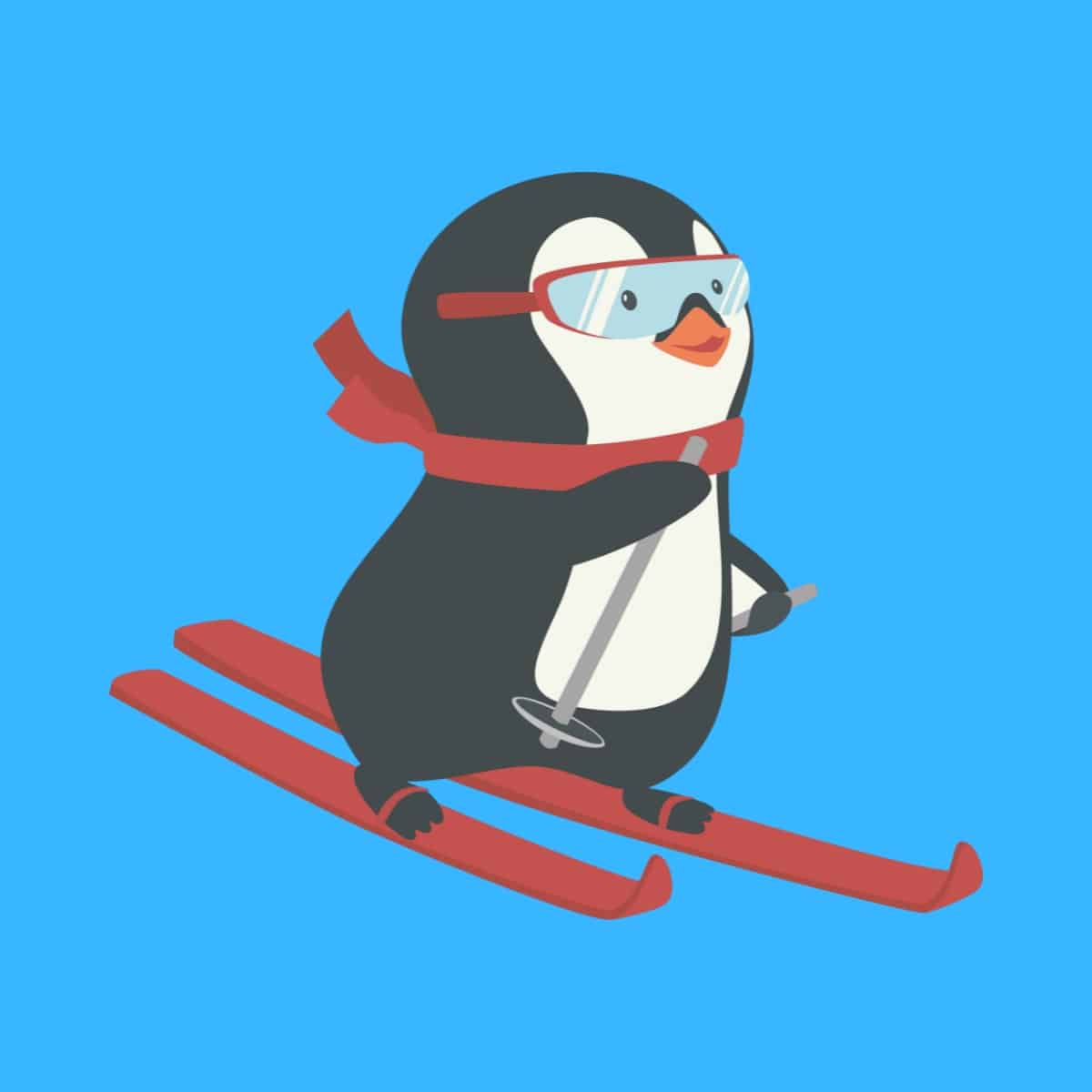 Cartoon graphic of penguin skiing on blue background.