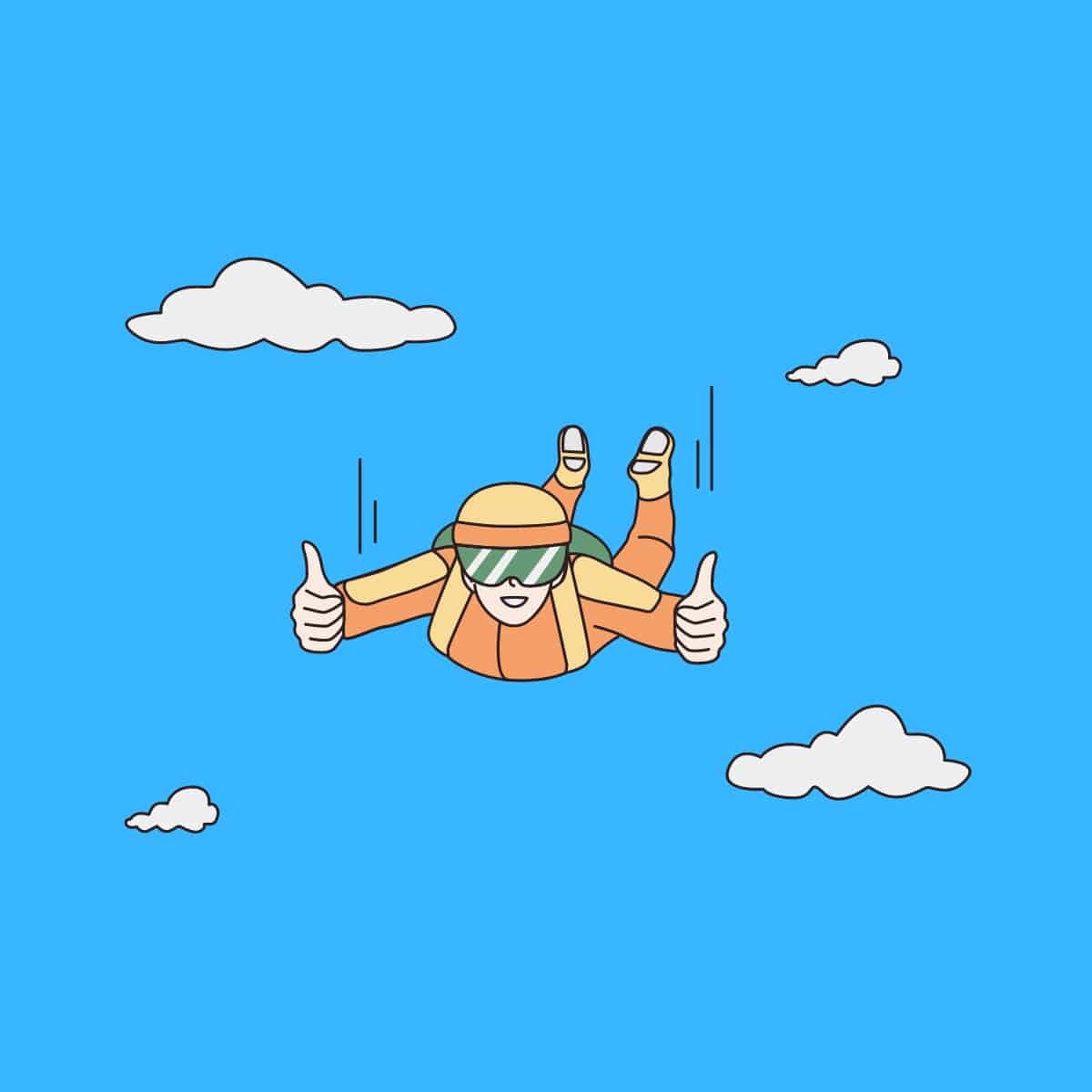 Cartoon graphic of a skydiver falling in the sky wit clouds on a blue background.