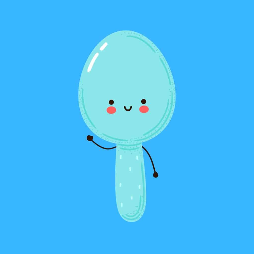 Cartoon graphic of a blue spoon waving and smiling on a blue background.