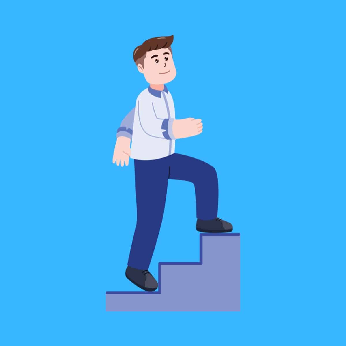 Cartoon graphic of a man walking up stairs on a blue background.
