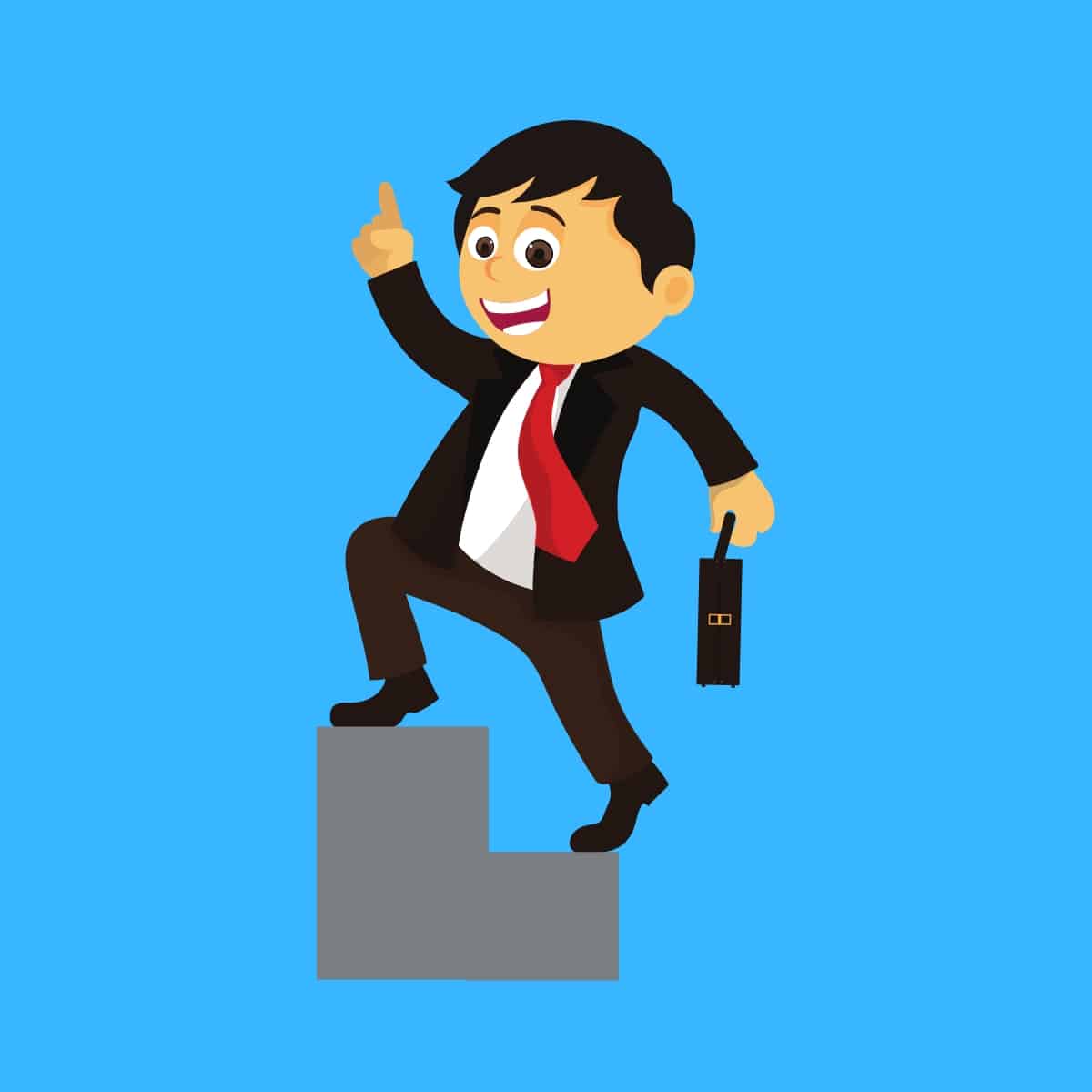 Cartoon graphic of a business man walking up stairs smiling with one finger pointing up on a blue background.