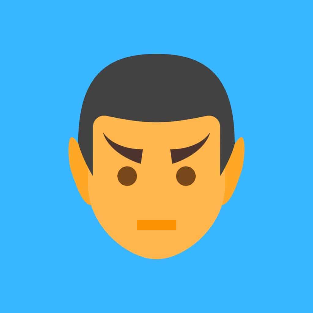 Cartoon graphic of a a face of Spock on a blue background.