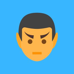 Cartoon graphic of a a face of Spock on a blue background.