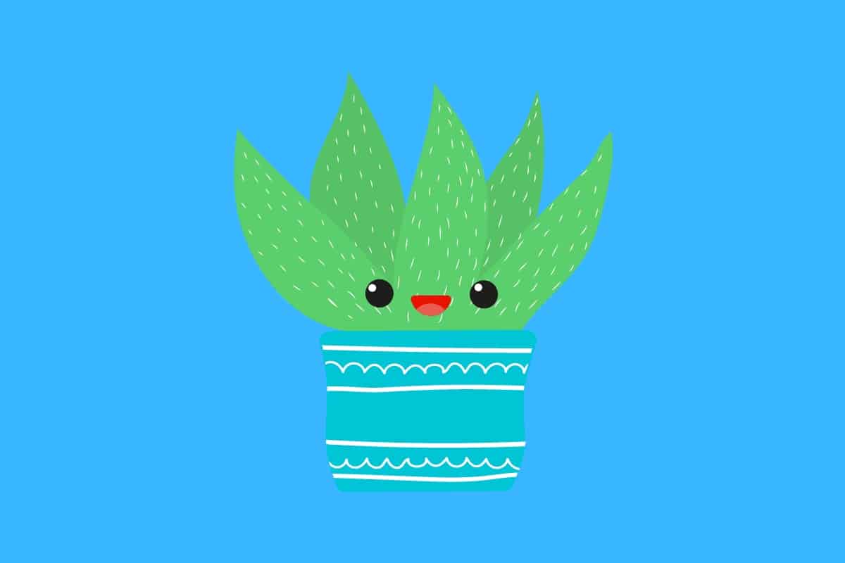 Cartoon graphic of a smiling aloe vera succulent plant on a blue background.