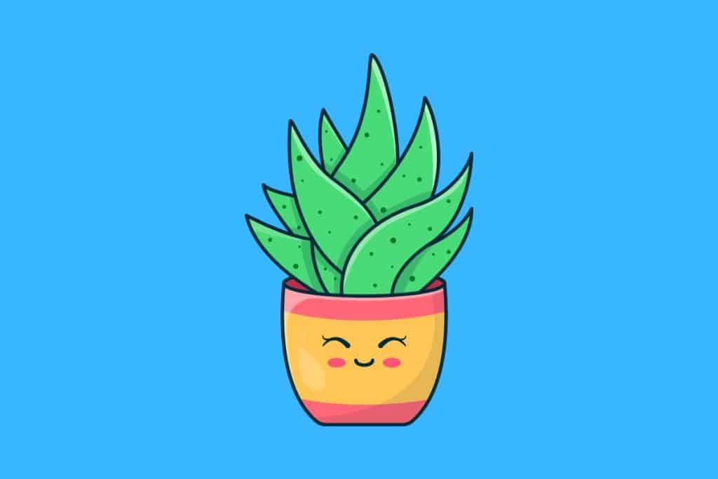Cartoon graphic of a smiling succulent plant pot with its eyes closed on a blue background.