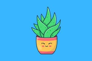 Cartoon graphic of a smiling succulent plant pot with its eyes closed on a blue background.