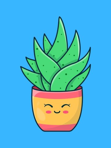 Cartoon graphic of a smiling succulent plant pot with its eyes closed on a blue background.