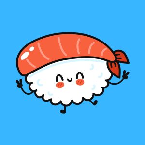 Cartoon graphic of jumping sushi doing peace signs with its hands on blue background.