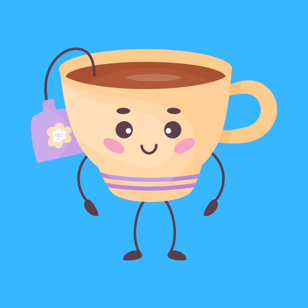 Cartoon graphic of a cup of tea standing with a purple teabag tag coming out on a blue background.