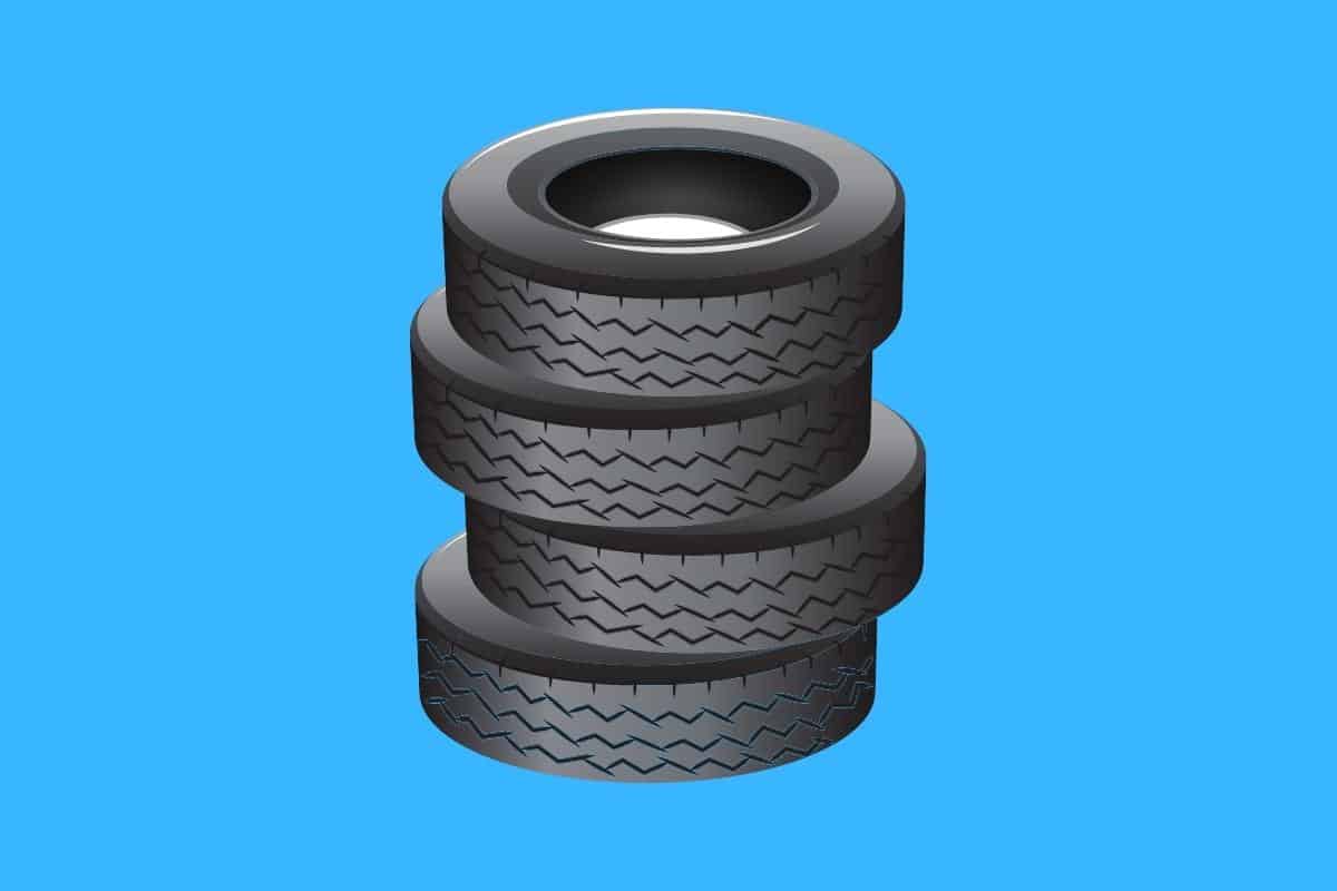 Cartoon graphic of a stack of 4 tires on a blue background.