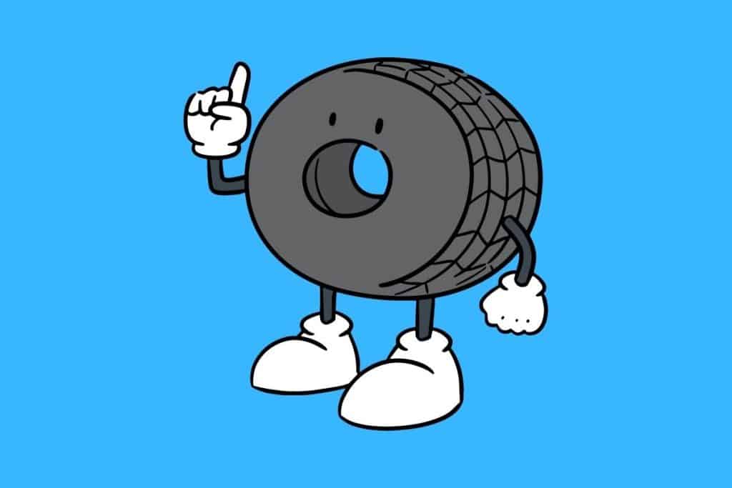 Cartoon graphic of a tire with hands and legs with pone hand pointing up like it has an idea on a blue background.