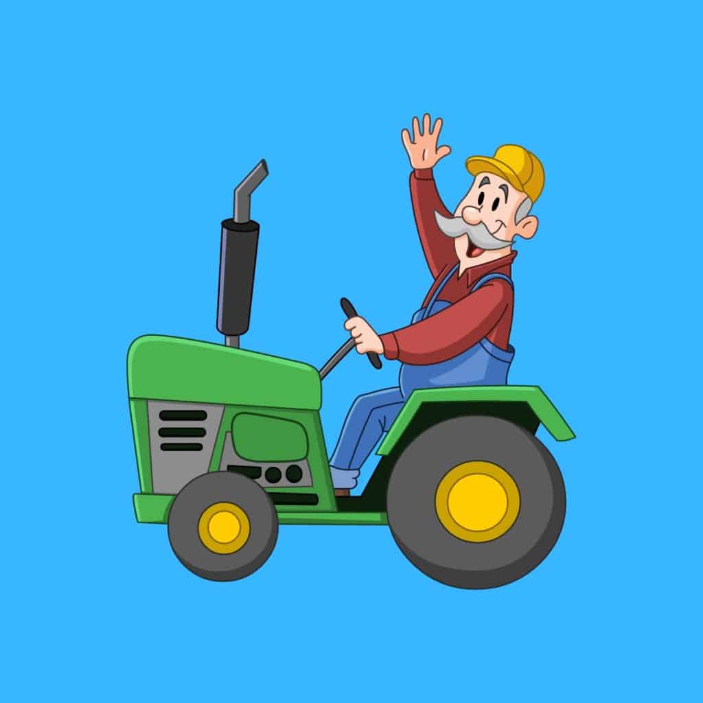 Cartoon graphic of a farmer waving while on a green tractor on blue background.