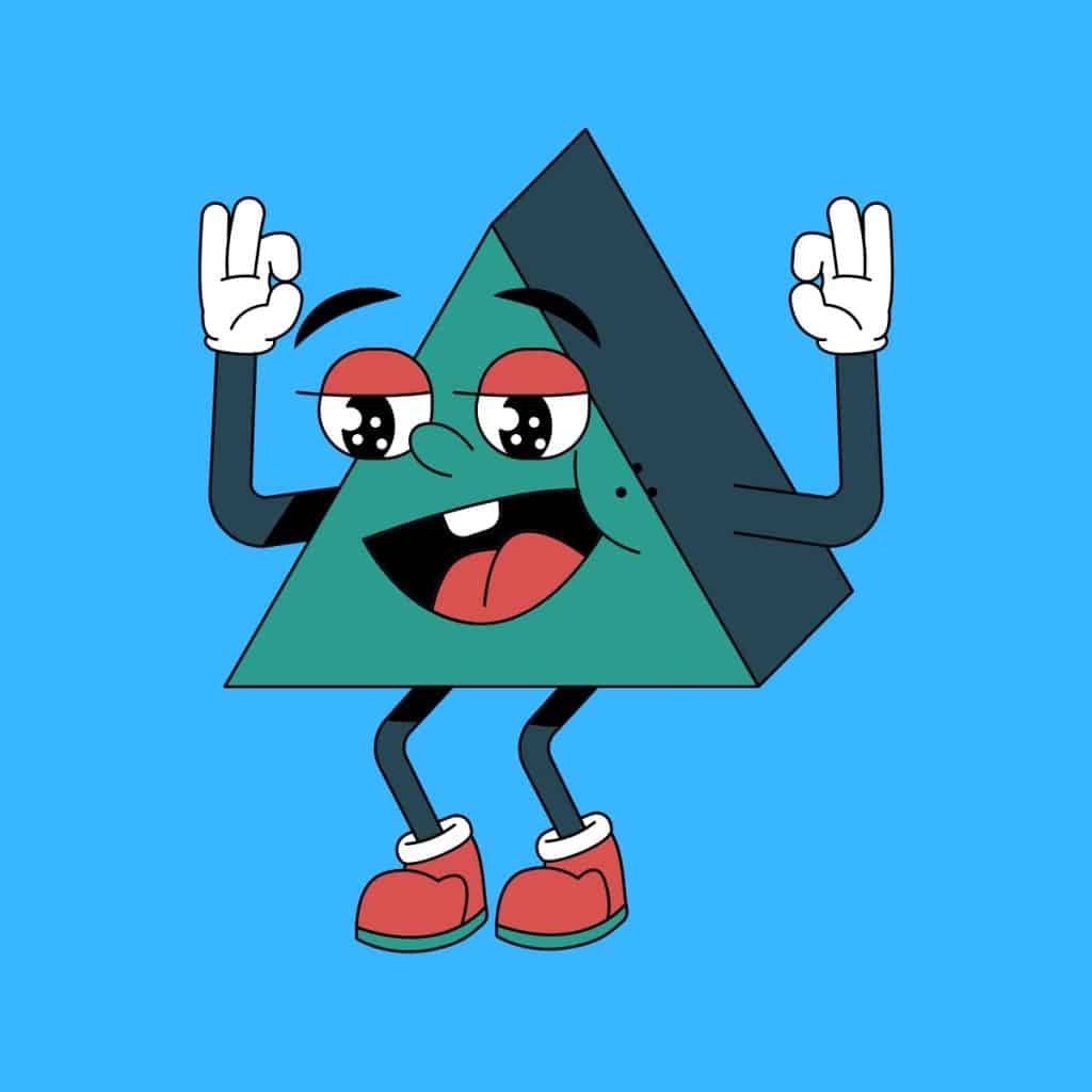 Cartoon graphic of a 3d triangle smiling with its mouth open and two hands in the air on blue background.