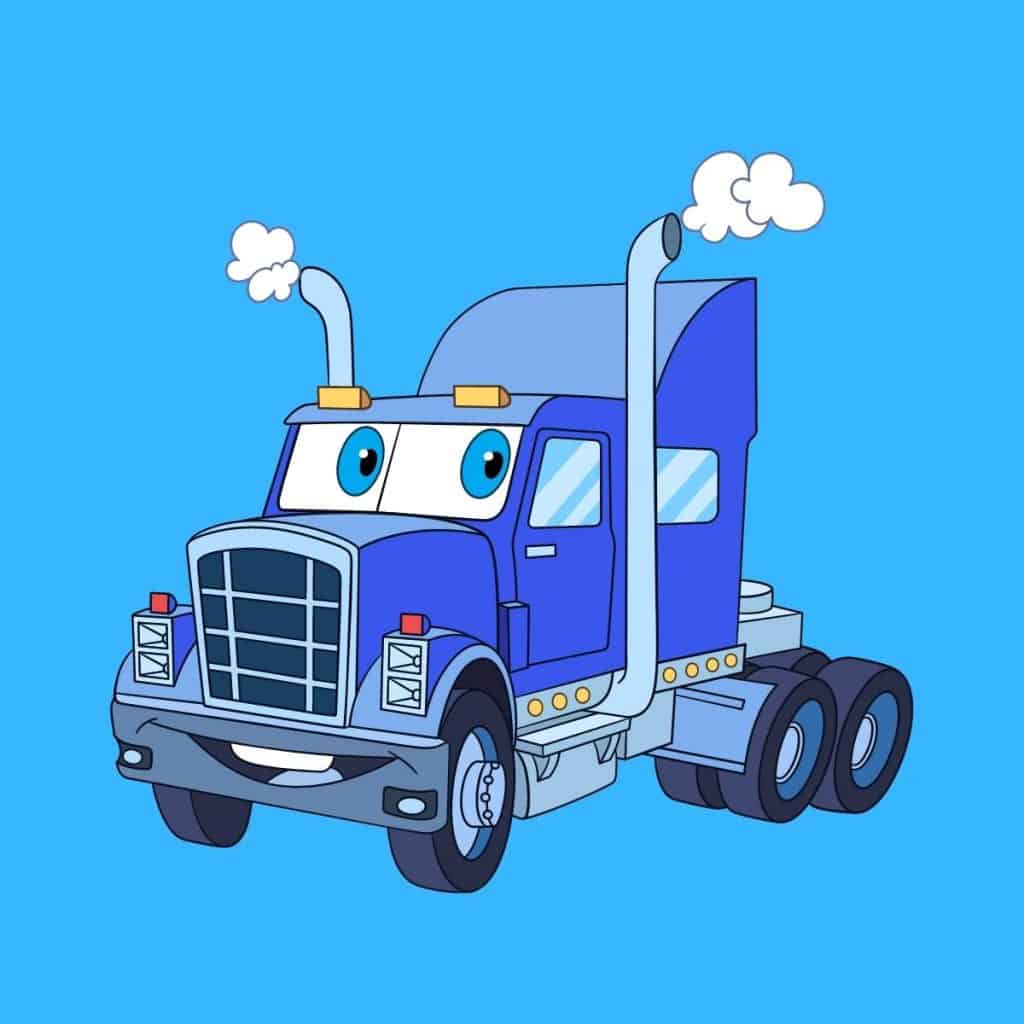 Cartoon graphic of a blue truck without a trailer with eyes on the front windows on a blue background.