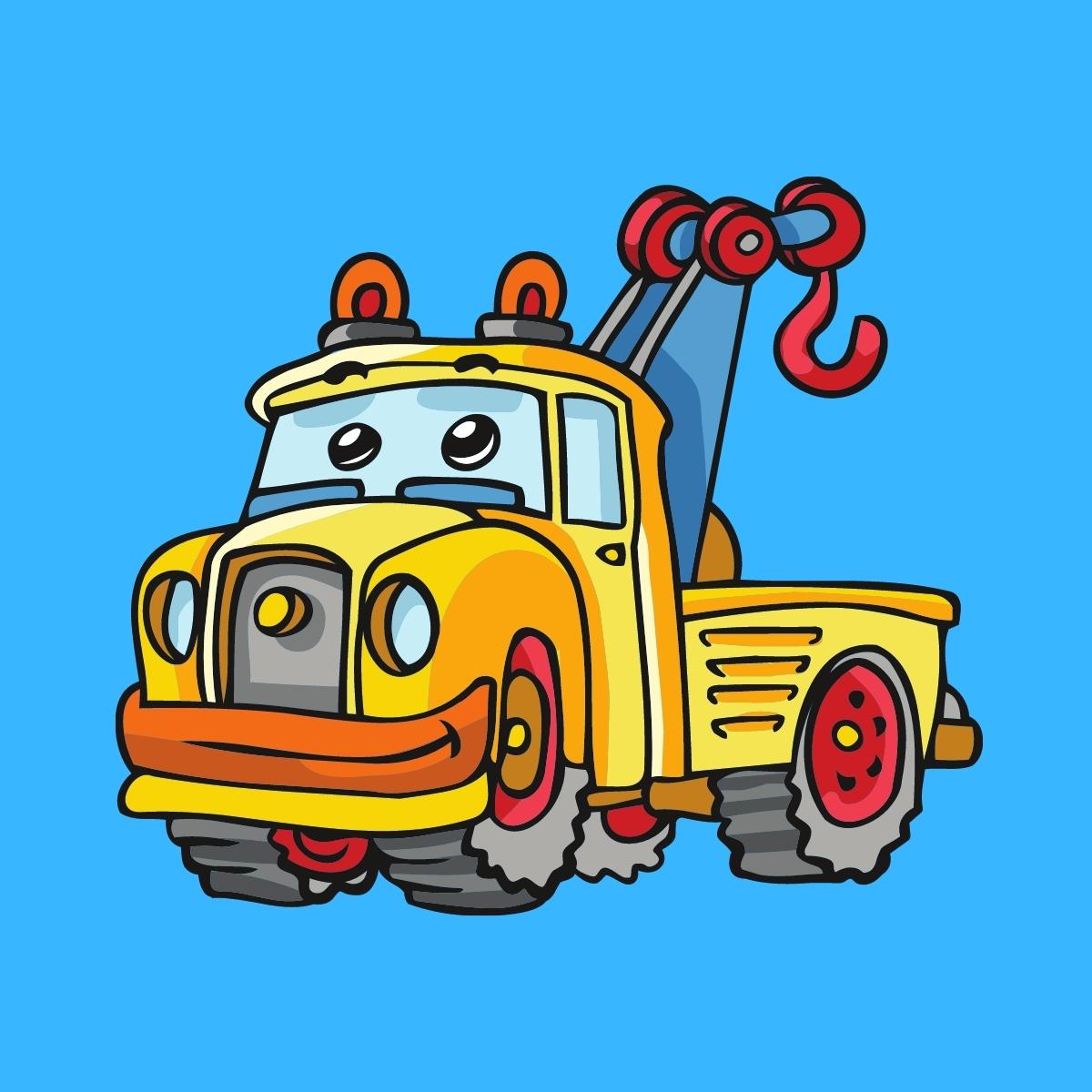 Cartoon graphic of a yellow tow truck with eyes on the windows on a blue background.