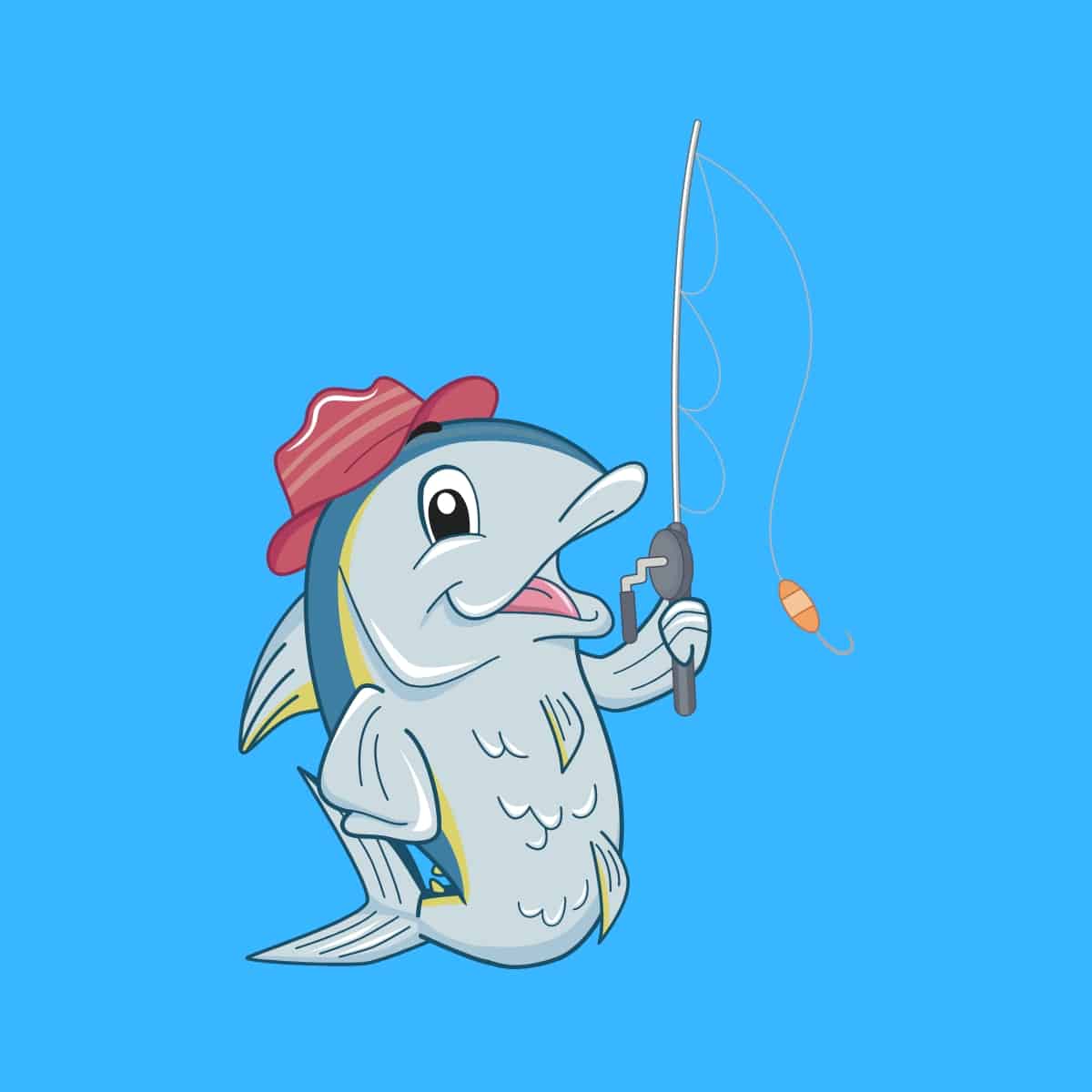 Cartoon graphic of a tuna with a fishing rod and hat on blue background.