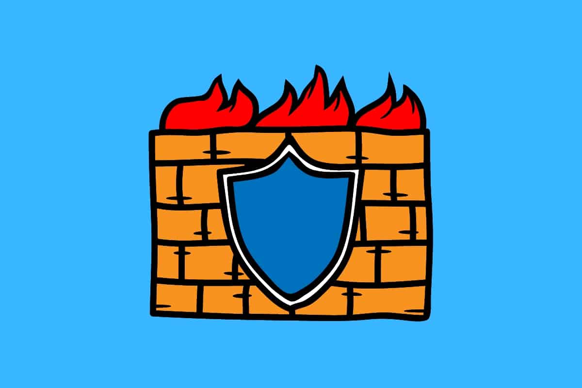 Cartoon graphic of a brick wall on fire with a shield on it on a blue background.