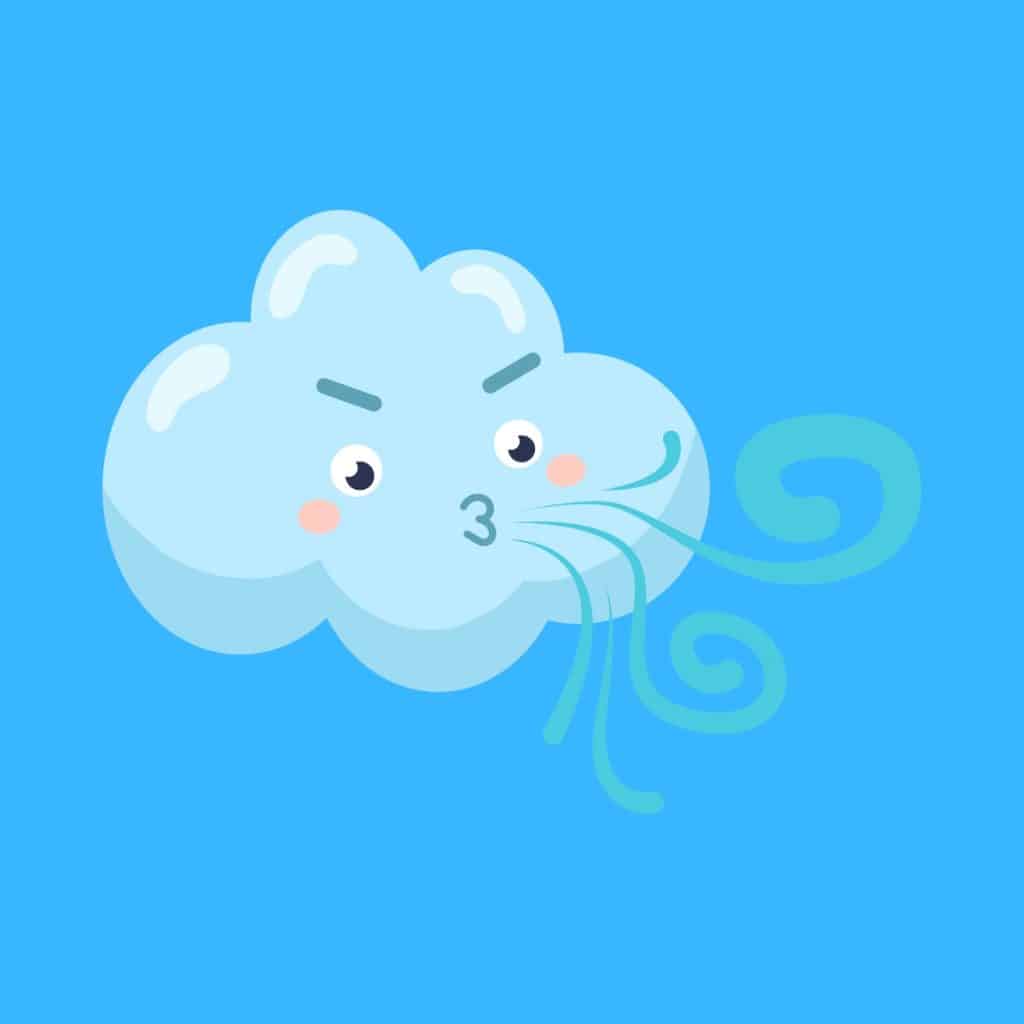 Cartoon graphic of a with eyes and mouth blowing wind on blue background.