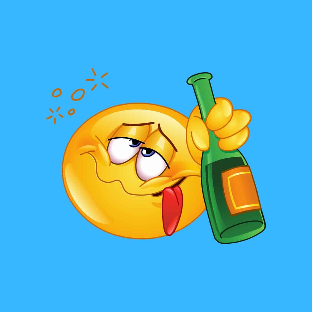 Cartoon graphic of a drunk emoji holding a bottle of alcohol on a blue background.
