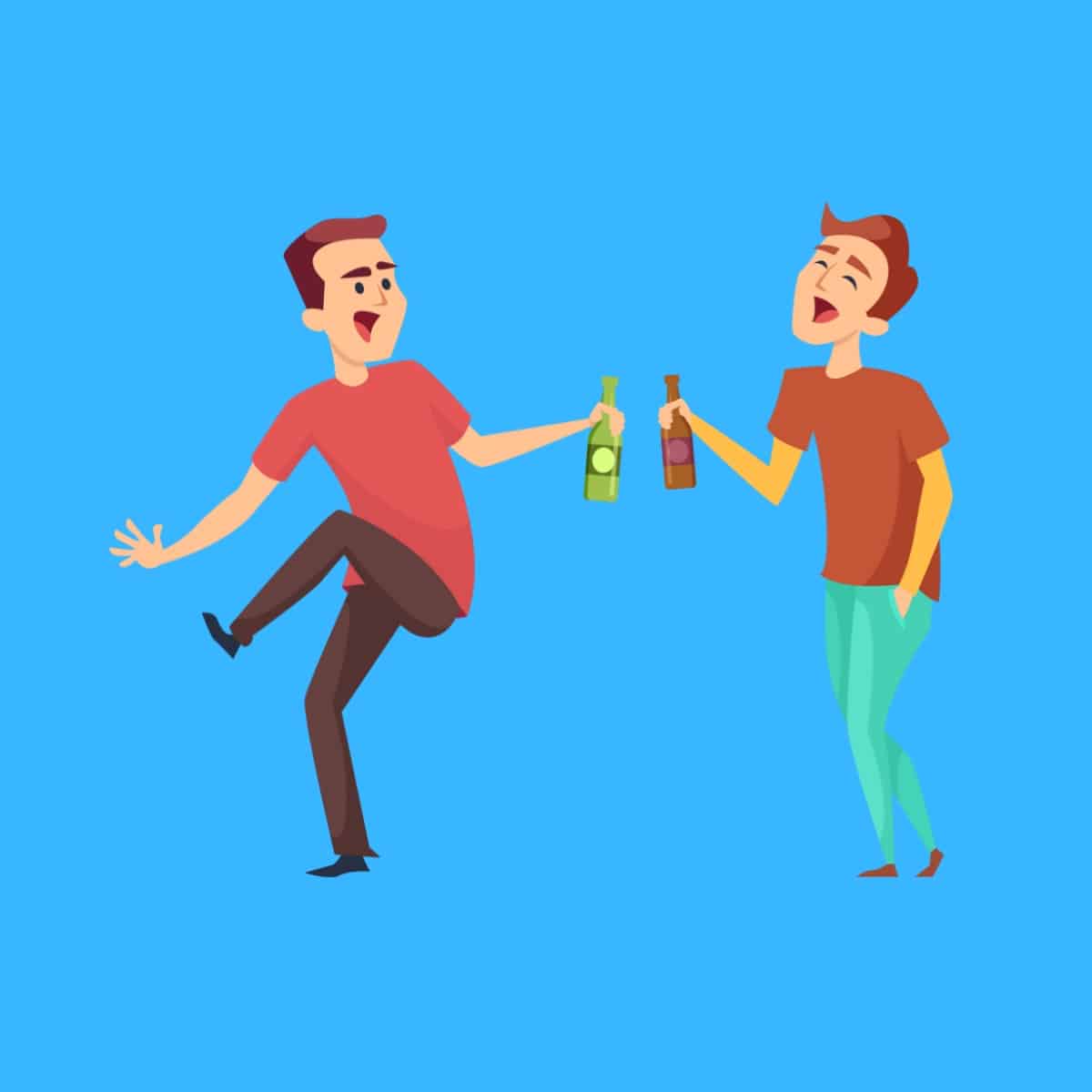 Cartoon graphic of two friends drinking alcohol and laughing on a blue background.