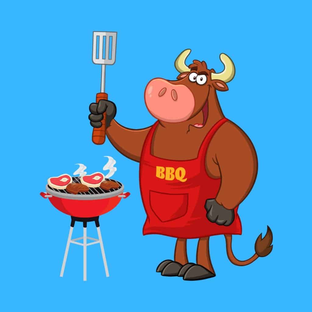 Cartoon graphic of a cow wearing a red apron that has BBQ written on it while standing next to a BBQ and holding a spatula in the air on a blue background.