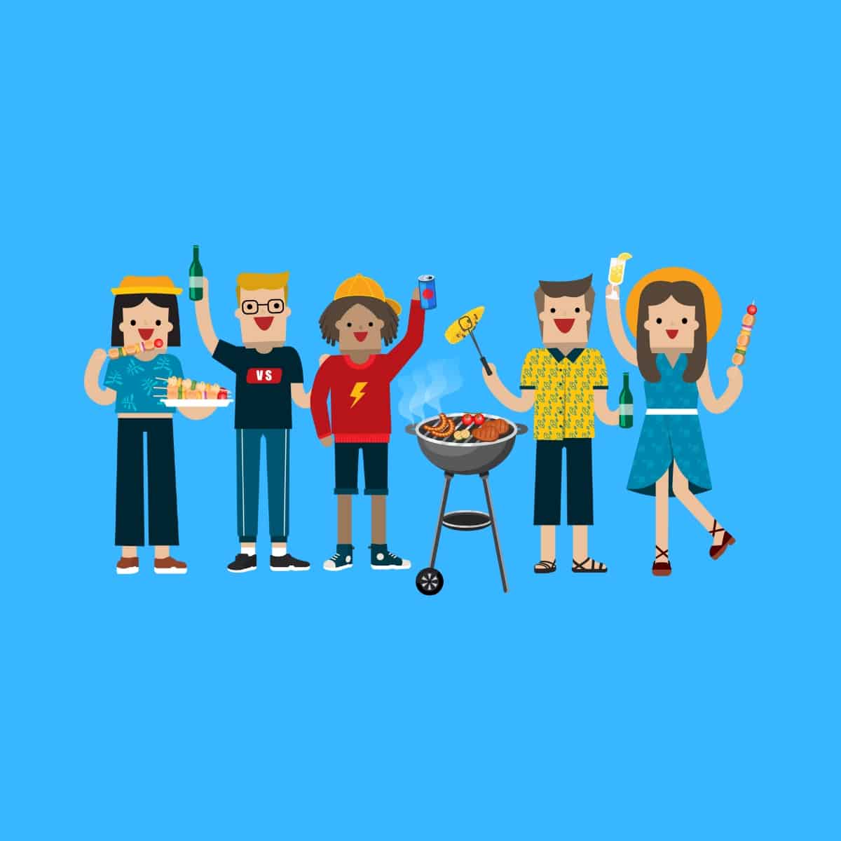 Cartoon graphic of 5 people eating and drinking next to a BBQ on a blue background.