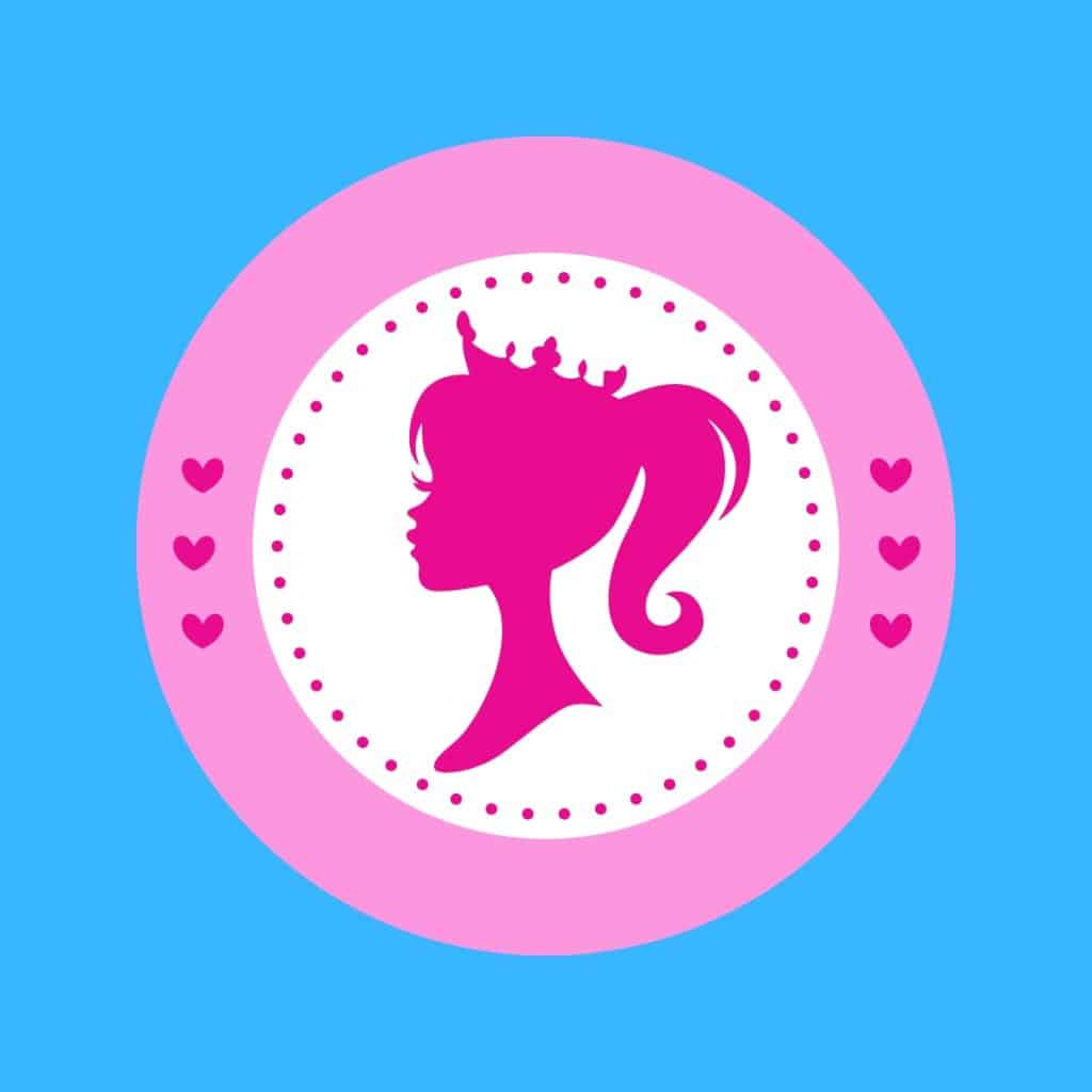 Cartoon graphic of a Barbie head made on a pink circle stamp on a blue background.