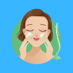 Cartoon graphic of a woman applying some green beauty cream to her cheeks on a blue background.