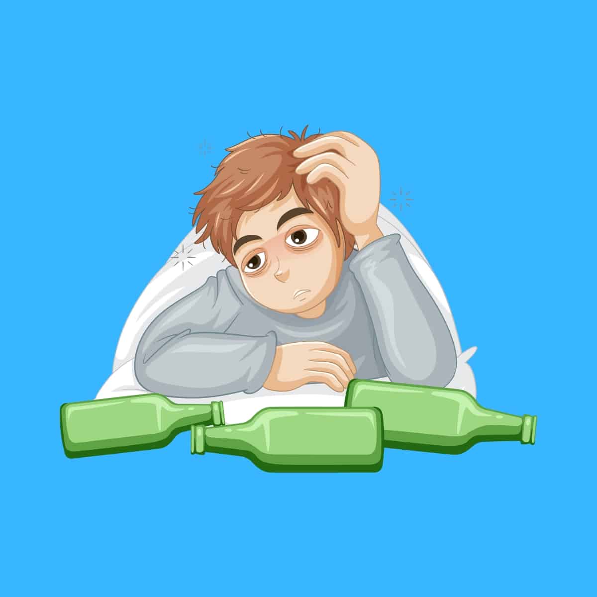 Cartoon graphic of a man in his bed with a hangover with 3 empty alcohol bottles lying near him on a blue background.