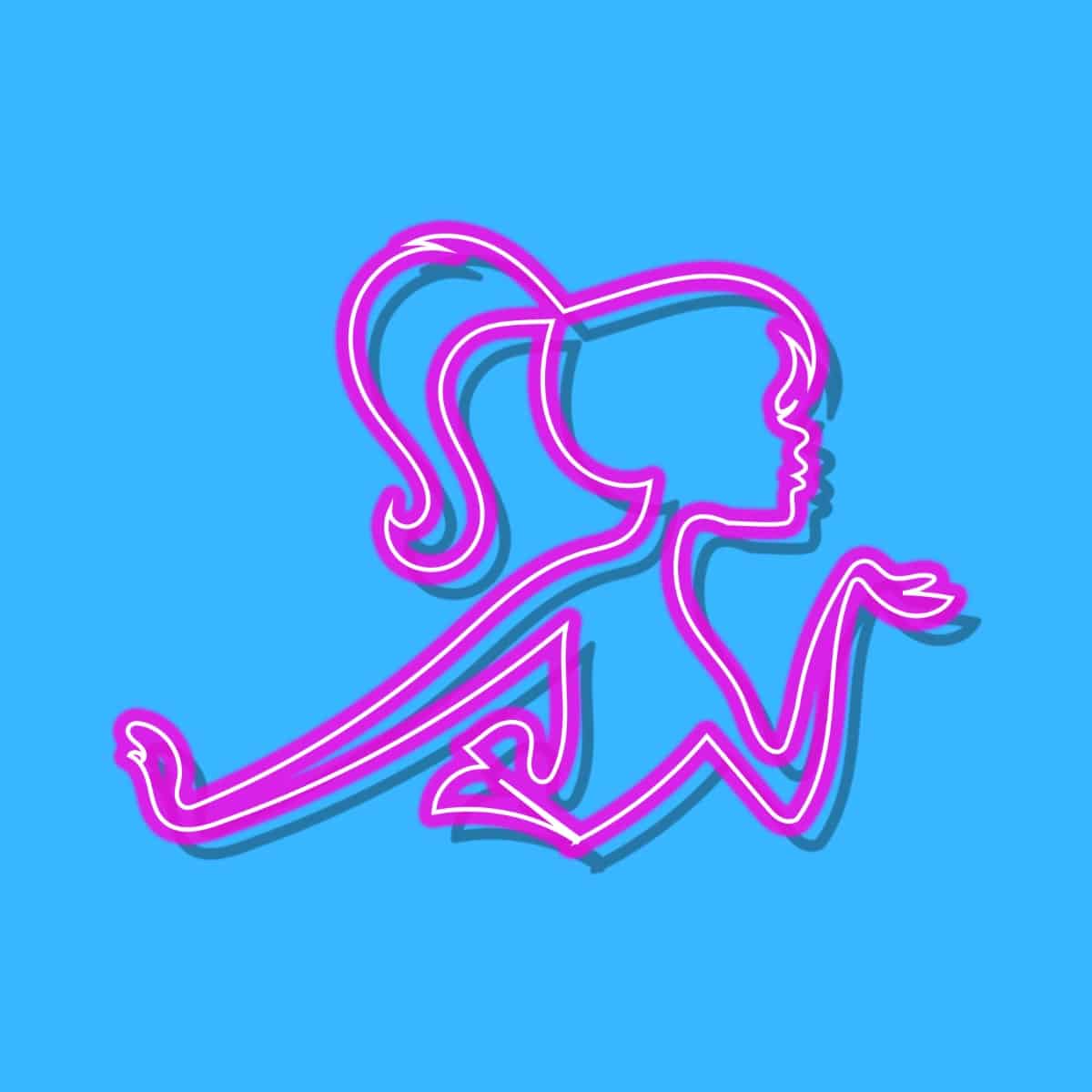 Cartoon graphic of a Barbie top half outline in pink on a blue background.