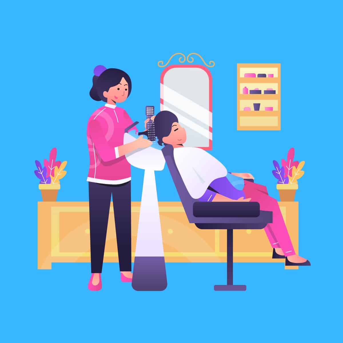 Cartoon graphic of a woman at a beauty salon having her hair styled on a blue background.
