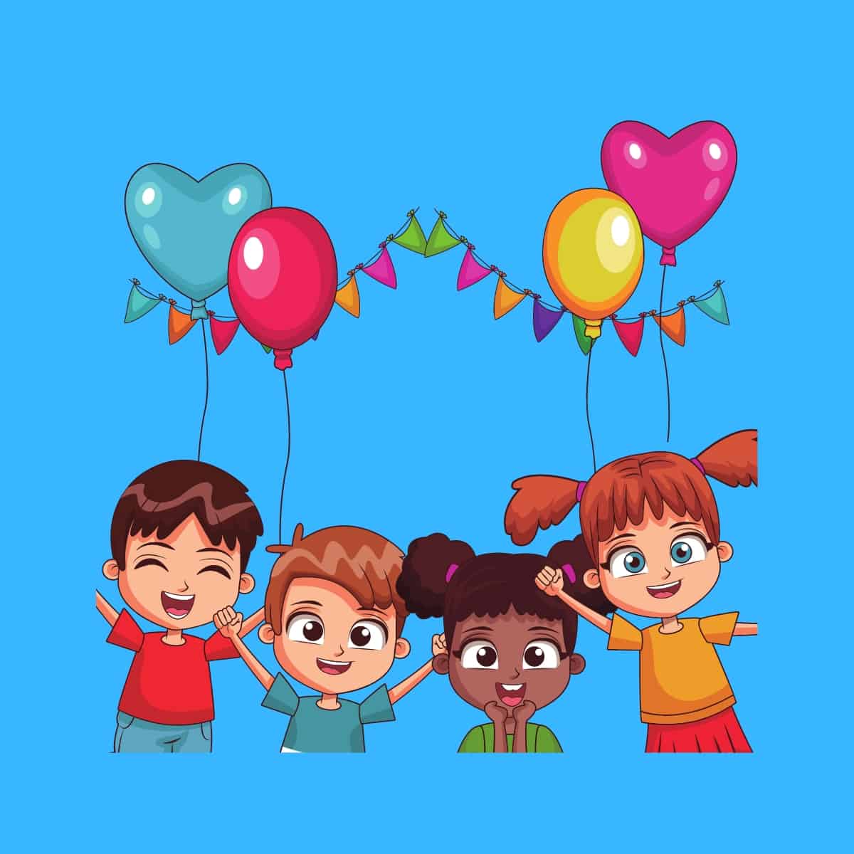 Cartoon graphic of four kids celebrating a birthday with balloons around them on a blue background.