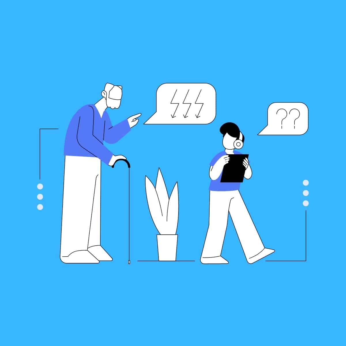 Cartoon graphic of a boomer trying to tell a millennial something who is holding a tablet on a blue background.