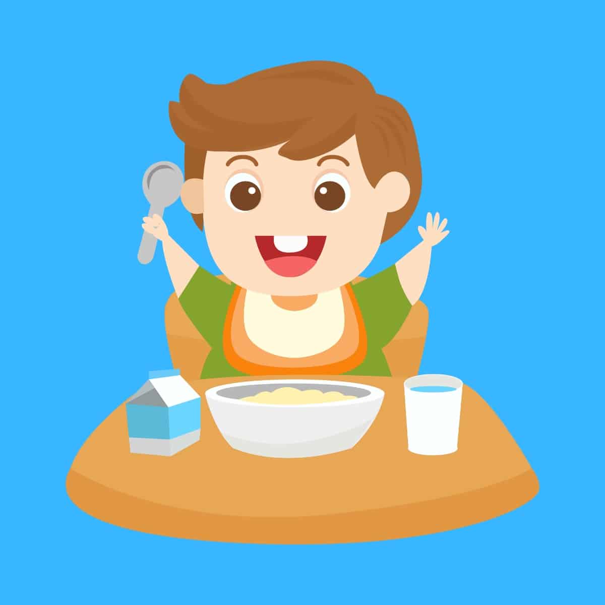 Cartoon graphic of a young boy eating breakfast at the table with his hands in the air on a blue background.